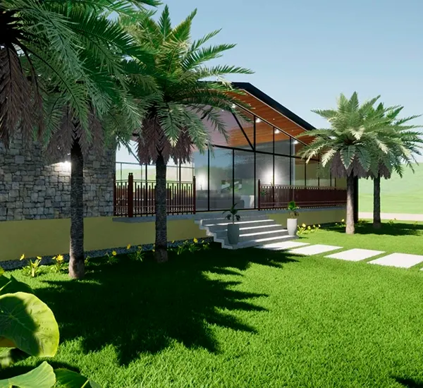 Projeto 3D de casa de campo com fachada de pedra e vidro