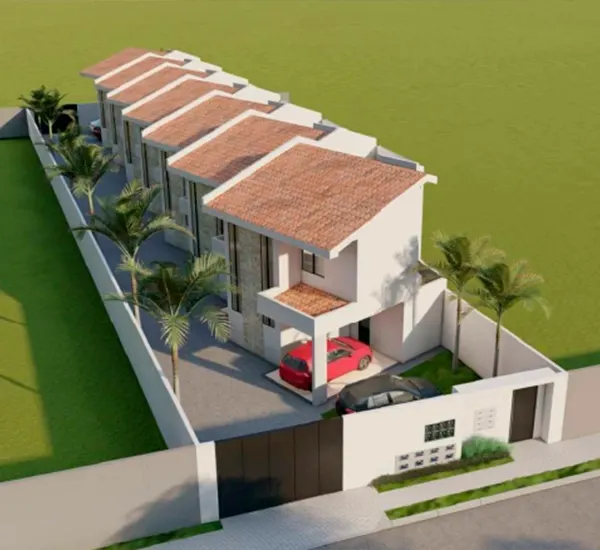 Projeto 3D de condomínio de sobrados com muro e portaria