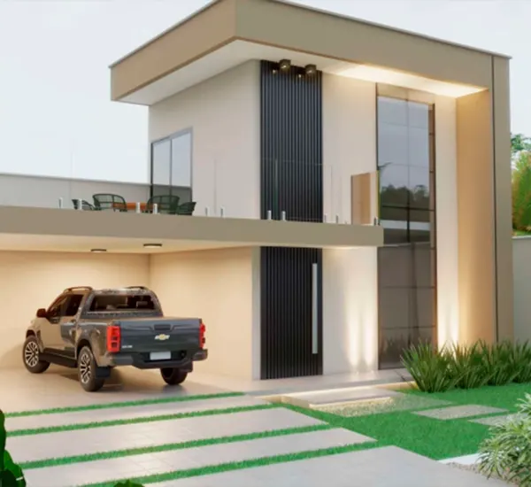 Projeto 3D de residência com pé-direito duplo e carport