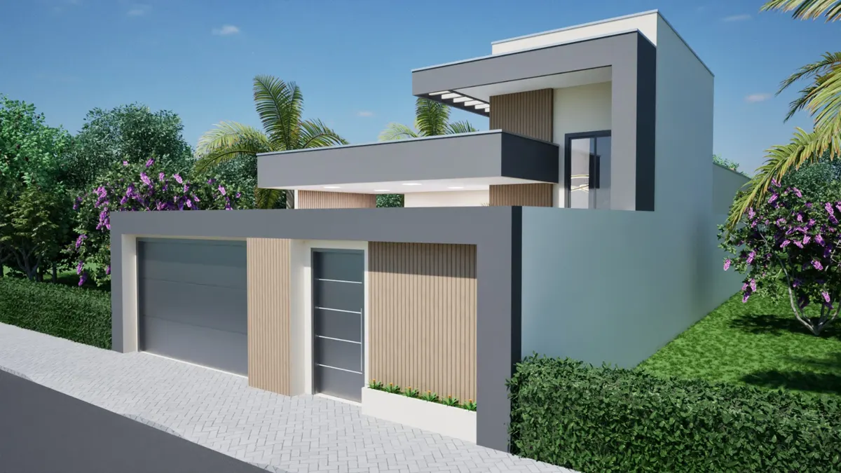 Projeto 3D de residência moderna em tons de cinza com muro e portão