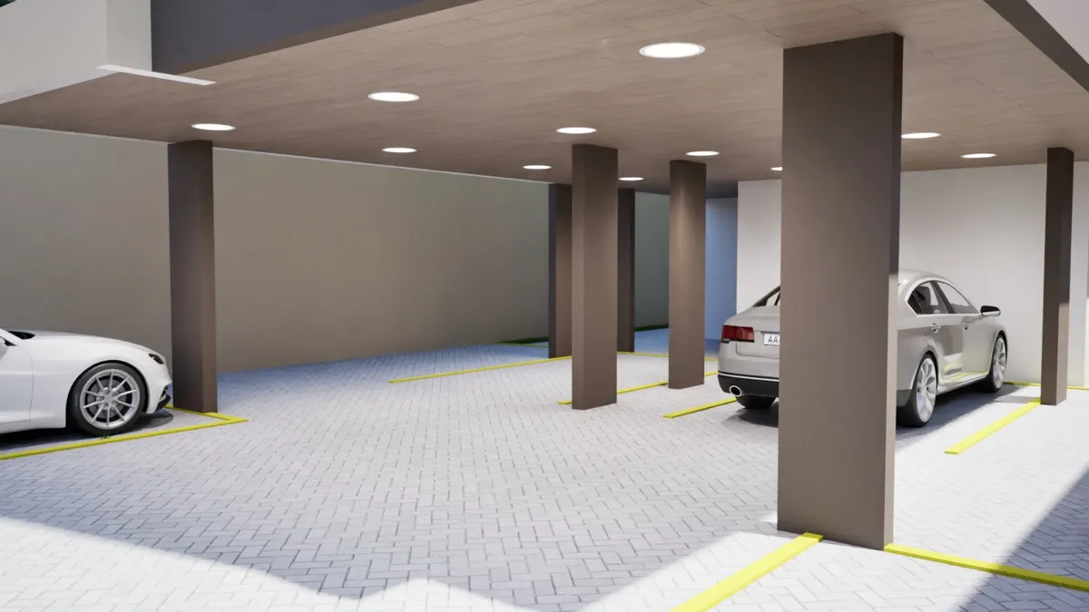 Projeto 3D de garagem coberta de edifício com vagas demarcadas